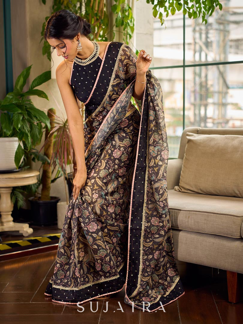 Mystic Black Kalamkari Print Chanderi Saree with Dotted Border & Pink Hem