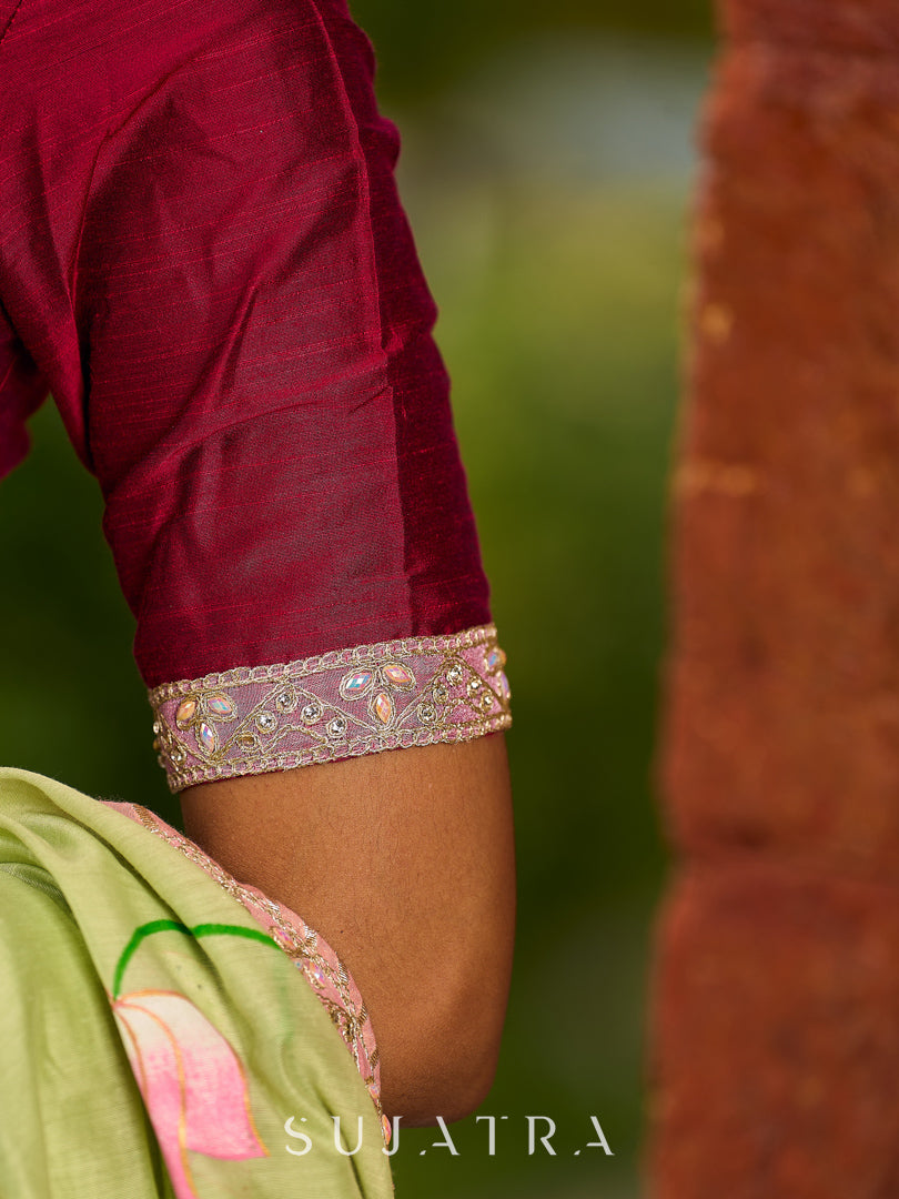 Classic Pista Green Chanderi Saree with Hand-Painted Pichwai Motifs & Contrast Magenta Accent