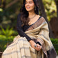 Classic Ivory and Brown Pure Tussar Silk  Block Printed Saree Accented with Subtle Stripes and Handcrafted Detailing