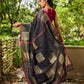 Timeless Black Cotton Saree with Classic Hand Block Print and Contrasting Border Detailing