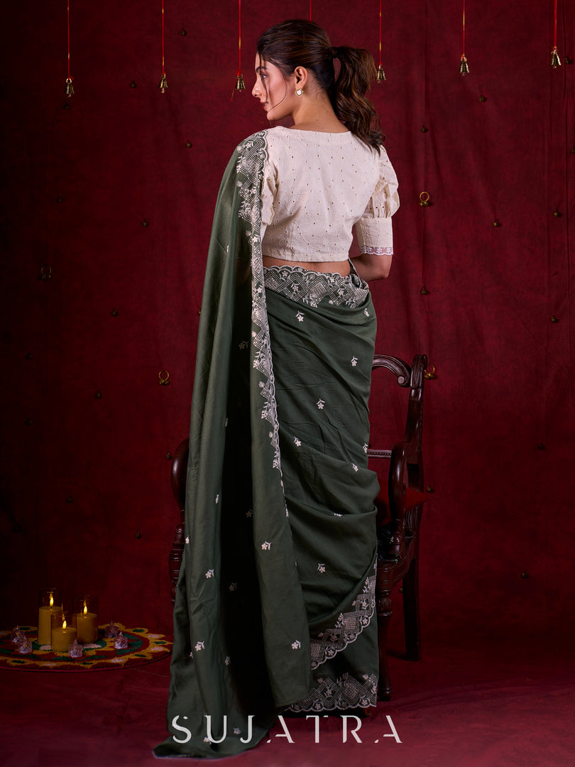 Sage Elegance Chanderi Saree Featuring All-Over Embroidery & Exquisite Heavy Border