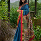 Elegant striped cotton saree in teal, enriched with hand-painted Kalamkari pallu