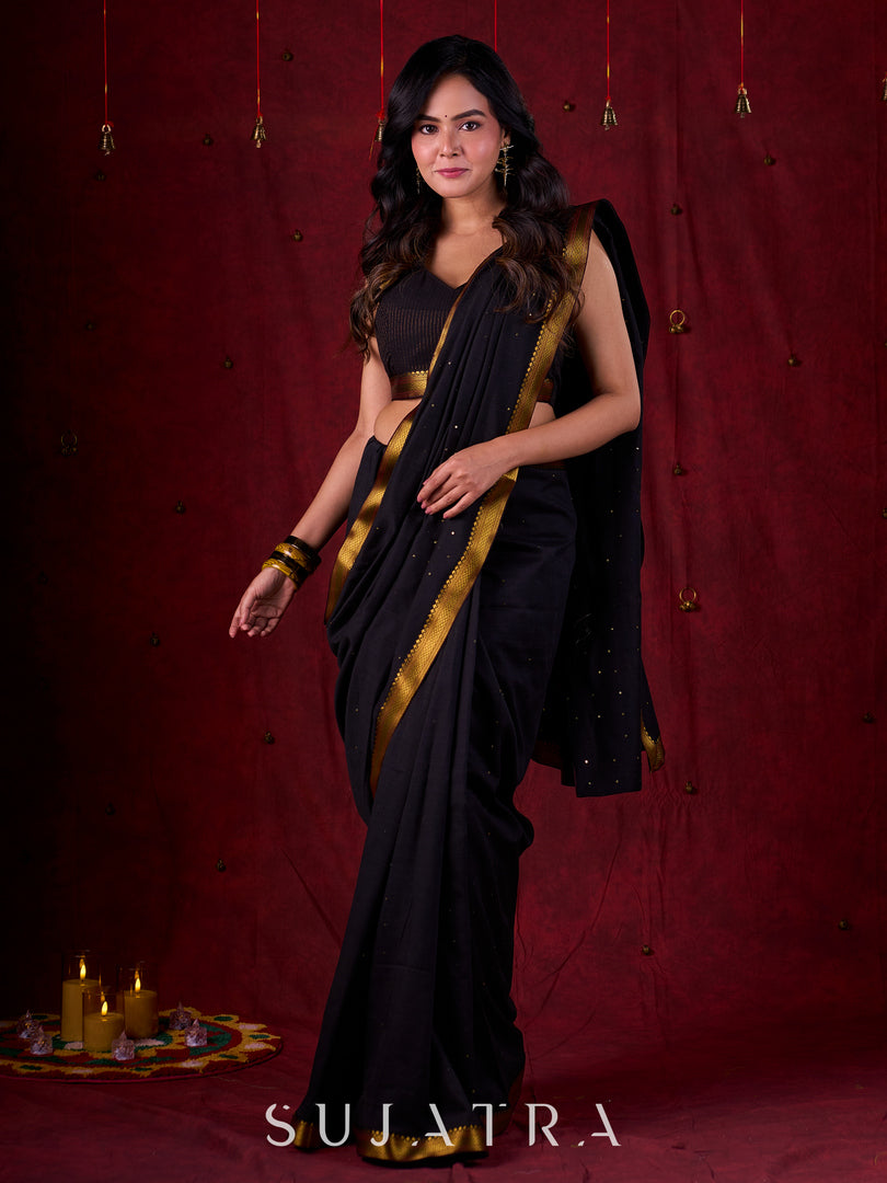 Black Luxe Saree Featuring All-Over Sequins and Ornate Zari Border