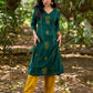 Elevated Bottle Green Cotton Kurta with Delicate Floral Hand Block Motif and Mustard Accents
