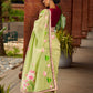 Classic Pista Green Chanderi Saree with Hand-Painted Pichwai Motifs & Contrast Magenta Accent