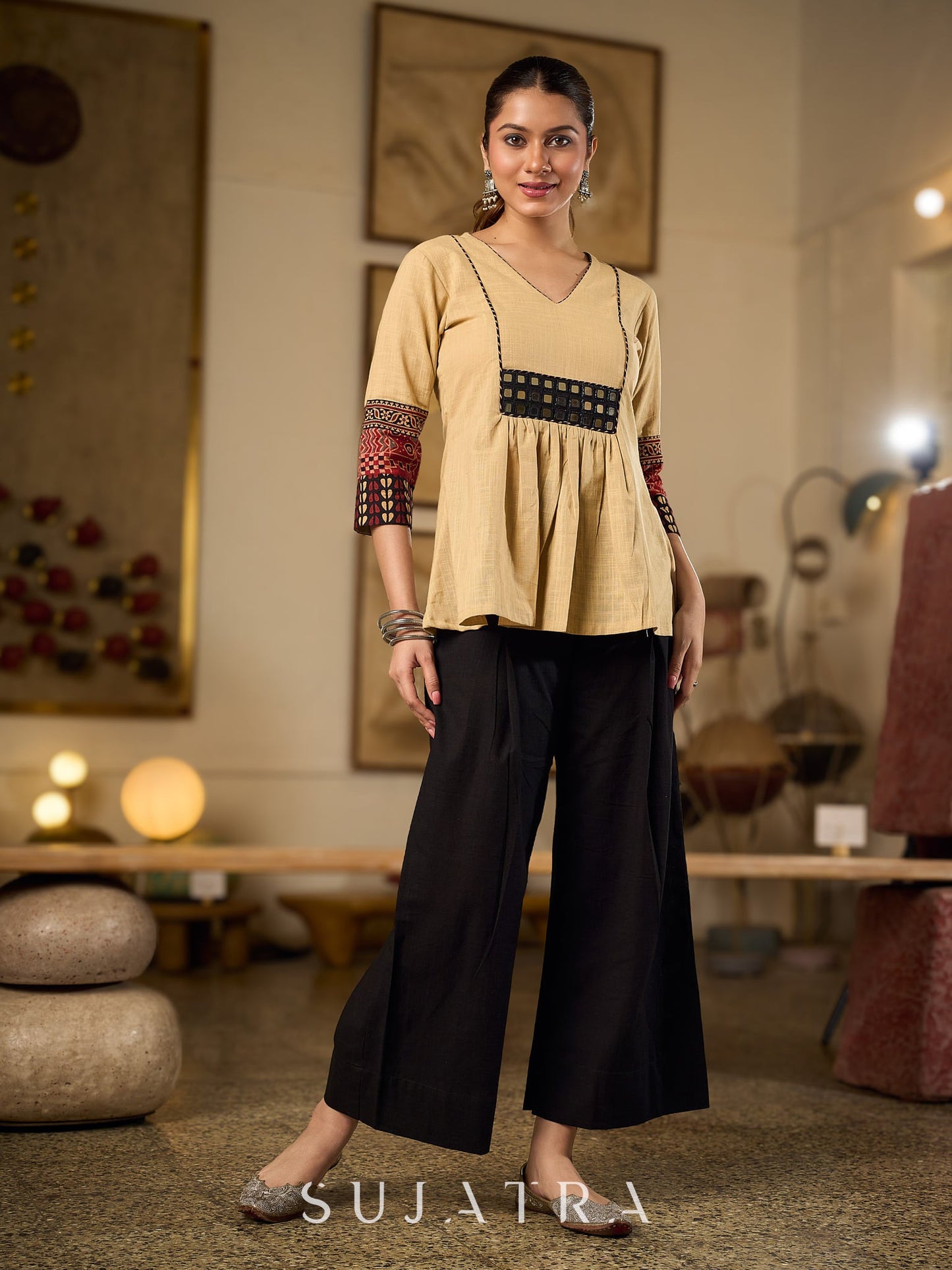Chic Beige Cotton Top Enhanced With Ajrakh Print Sleeves And An Embellished Mirror Work Yoke