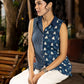 Indigo Sleeveless Shirt with Geometric Patterns