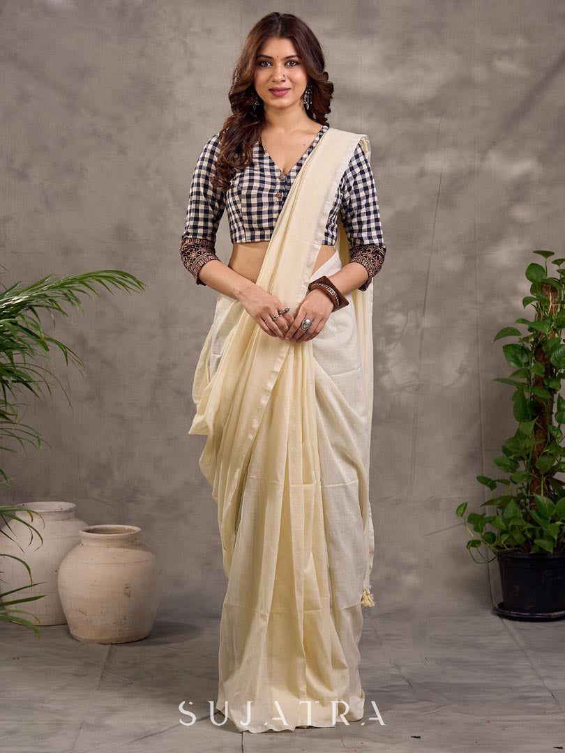 Black and White Checkered Cotton Blouse with 3/4th Sleeves and Ajrakh Print Cuff Border