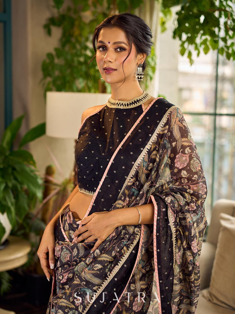 Mystic Black Kalamkari Print Chanderi Saree with Dotted Border & Pink Hem