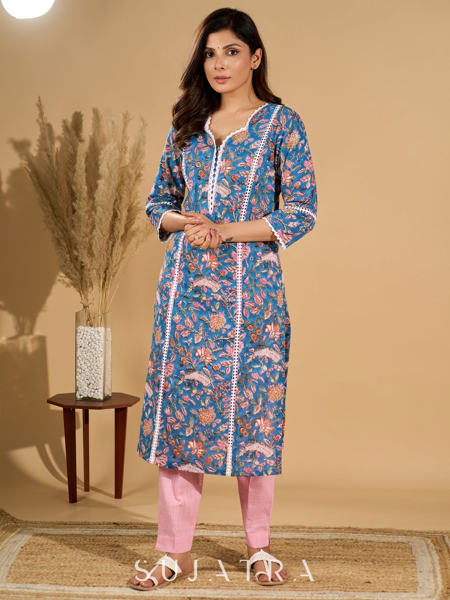 Blue Blossom Mul Cotton Printed Kurta with Delicate Lace Accents