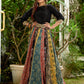Modern colourful Ajrakh lehenga beautifully contrasted by a sleek black gathered topwear.