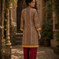 Mustard Geometric Print Short Kurta with Pin-Tucked Yoke & Contrast Maroon Button Detail