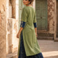 Vivid Sage Green Straight Kurta Featuring Navy Embroidery & Ajrakh Printed Cuff Band