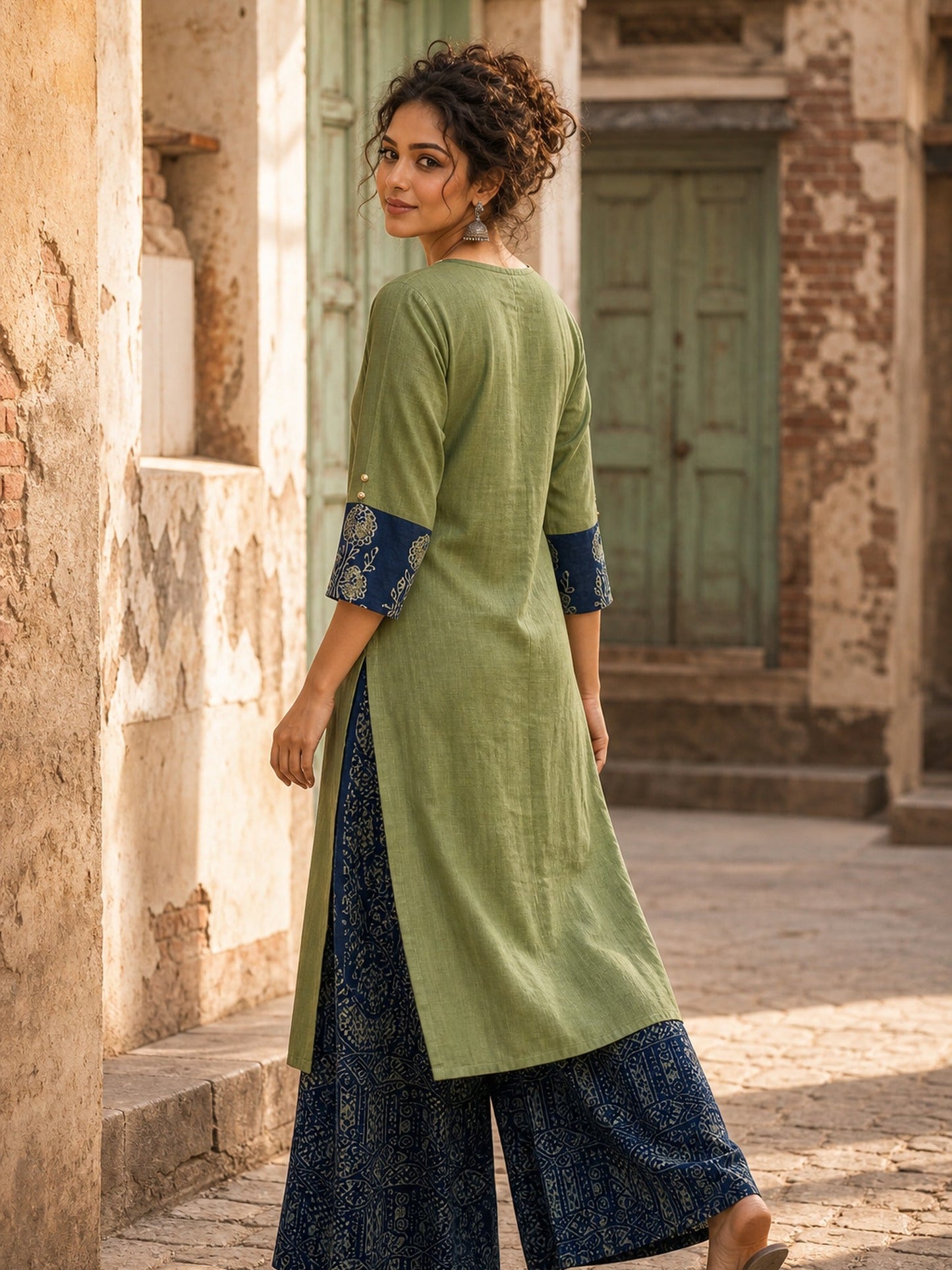 Vivid Sage Green Straight Kurta Featuring Navy Embroidery & Ajrakh Printed Cuff Band