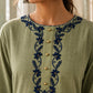 Vivid Sage Green Straight Kurta Featuring Navy Embroidery & Ajrakh Printed Cuff Band