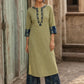 Vivid Sage Green Straight Kurta Featuring Navy Embroidery & Ajrakh Printed Cuff Band