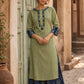 Vivid Sage Green Straight Kurta Featuring Navy Embroidery & Ajrakh Printed Cuff Band