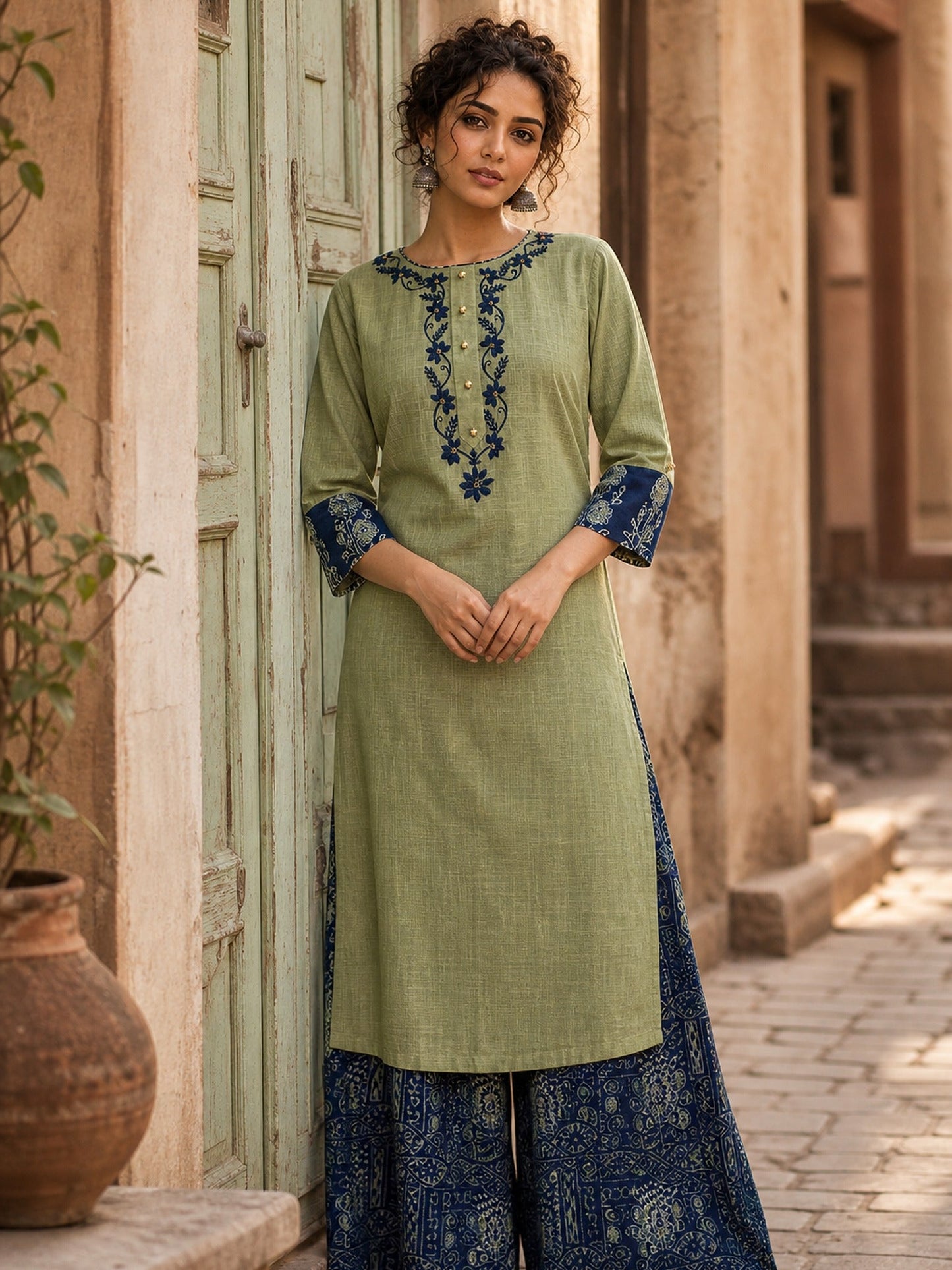 Vivid Sage Green Straight Kurta Featuring Navy Embroidery & Ajrakh Printed Cuff Band
