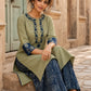 Vivid Sage Green Straight Kurta Featuring Navy Embroidery & Ajrakh Printed Cuff Band