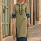 Vivid Sage Green Straight Kurta Featuring Navy Embroidery & Ajrakh Printed Cuff Band
