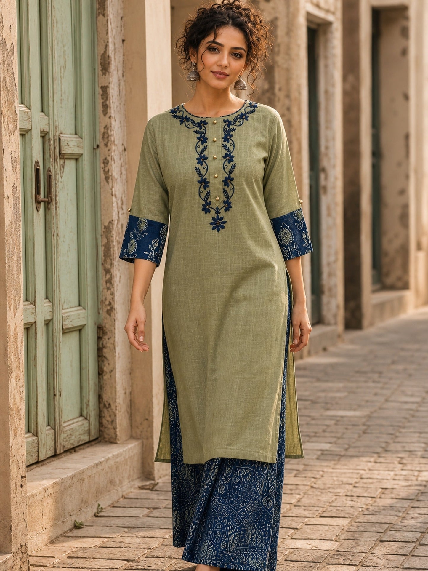 Vivid Sage Green Straight Kurta Featuring Navy Embroidery & Ajrakh Printed Cuff Band