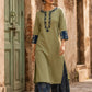 Vivid Sage Green Straight Kurta Featuring Navy Embroidery & Ajrakh Printed Cuff Band