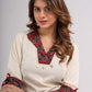 Off White Cotton Flex Top with Statement Floral Printed Collar & Cuff Highlighted with Handcrafted Kantha