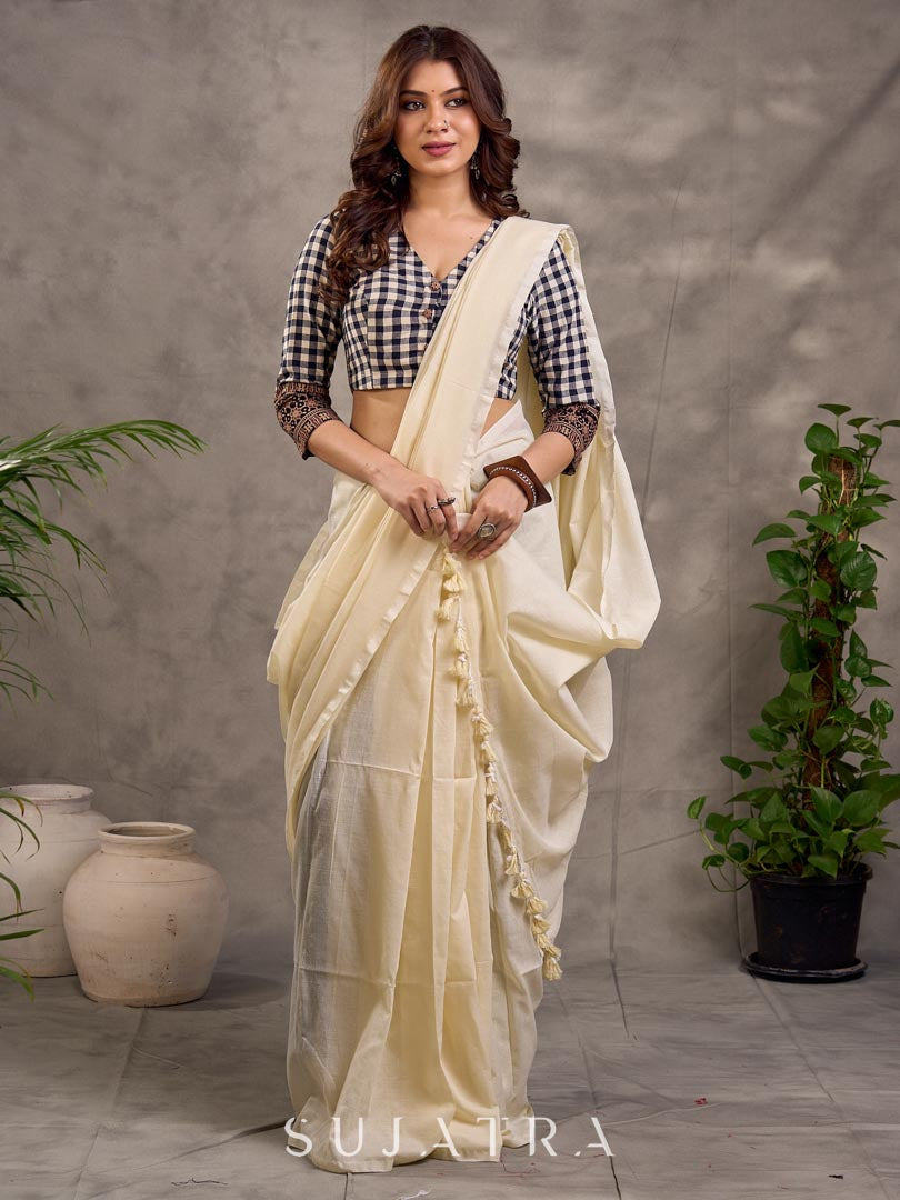 Black and White Checkered Cotton Blouse with 3/4th Sleeves and Ajrakh Print Cuff Border
