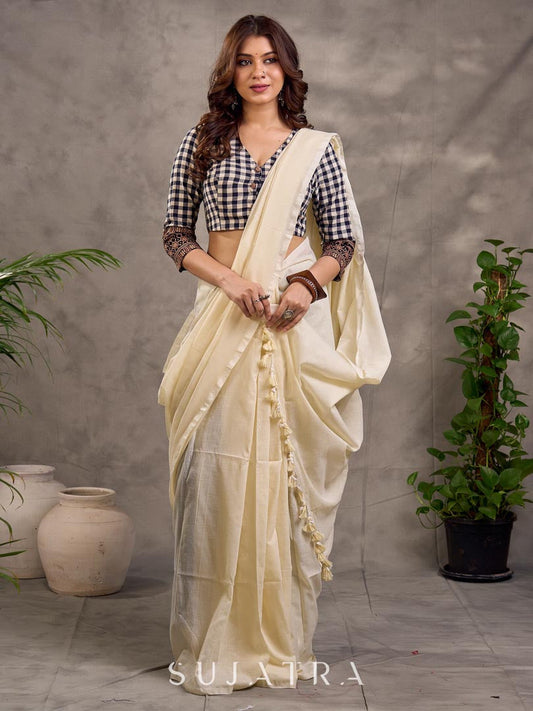 Black and White Checkered Cotton Blouse with 3/4th Sleeves and Ajrakh Print Cuff Border