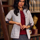 Timeless White Woven Ikat Cotton Jacket With Black Ikat Collar, Cuffs, And Maroon Highlights