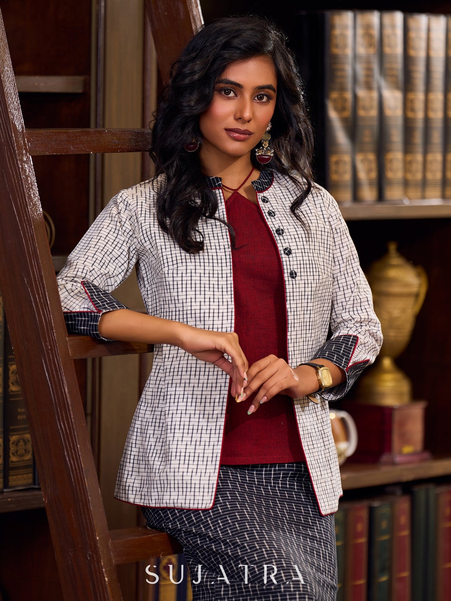 Timeless White Woven Ikat Cotton Jacket With Black Ikat Collar, Cuffs, And Maroon Highlights