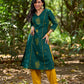 Elevated Bottle Green Cotton Kurta with Delicate Floral Hand Block Motif and Mustard Accents