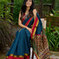 Elegant striped cotton saree in teal, enriched with hand-painted Kalamkari pallu