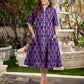Elegant purple mercerised Ikat dress designed with a softly folded round neckline revealing grey highlights and balanced grey accents throughout