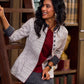 Timeless White Woven Ikat Cotton Jacket With Black Ikat Collar, Cuffs, And Maroon Highlights