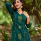 Elevated Bottle Green Cotton Kurta with Delicate Floral Hand Block Motif and Mustard Accents
