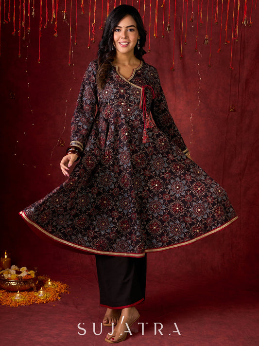 Timeless Black Ajrakh Flared Anarkali with Subtle Artisanal Hand Embroidered Touch