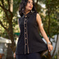 Black Cotton Sleeveless Shirt With Contrast Piping And Statement Buttons