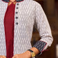 Timeless White Woven Ikat Cotton Jacket With Black Ikat Collar, Cuffs, And Maroon Highlights