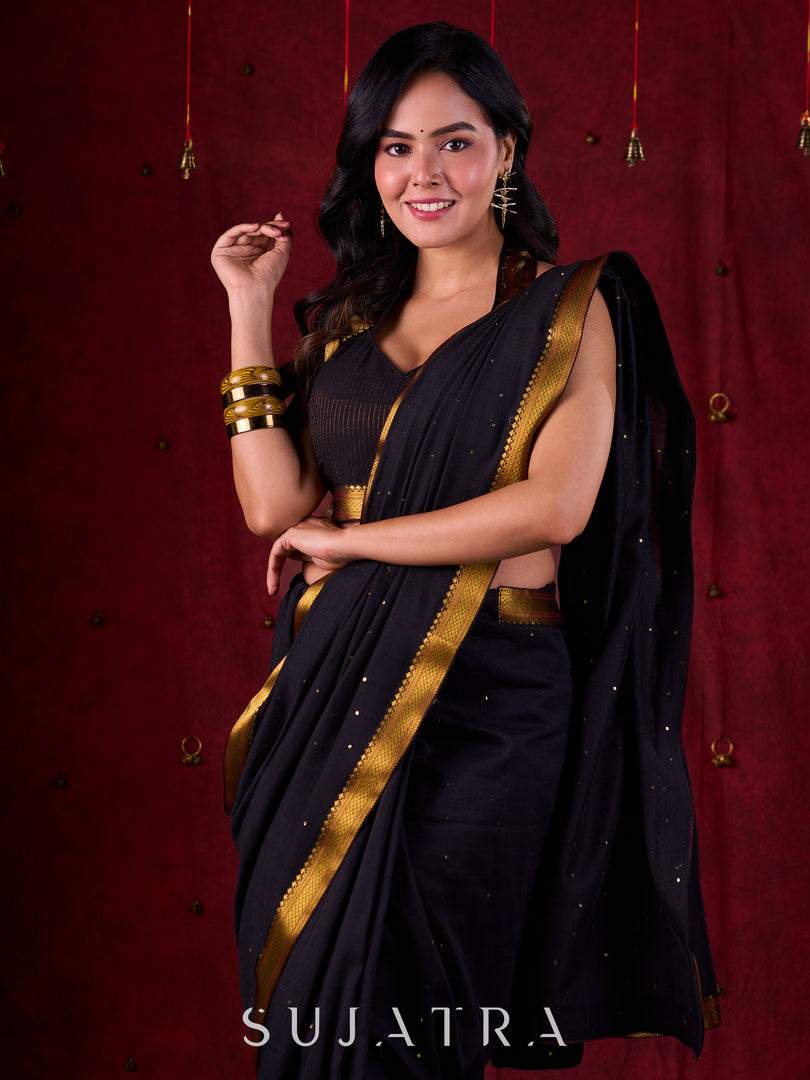 Black Luxe Saree Featuring All-Over Sequins and Ornate Zari Border
