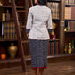 Timeless White Woven Ikat Cotton Jacket With Black Ikat Collar, Cuffs, And Maroon Highlights