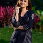 Black Cotton Kurta with Fish Print and Striped Panels Accentuated with Magenta Highlights
