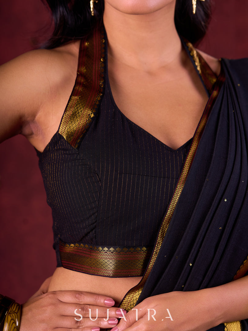 Black Luxe Saree Featuring All-Over Sequins and Ornate Zari Border