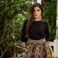 Modern colourful Ajrakh lehenga beautifully contrasted by a sleek black gathered topwear.