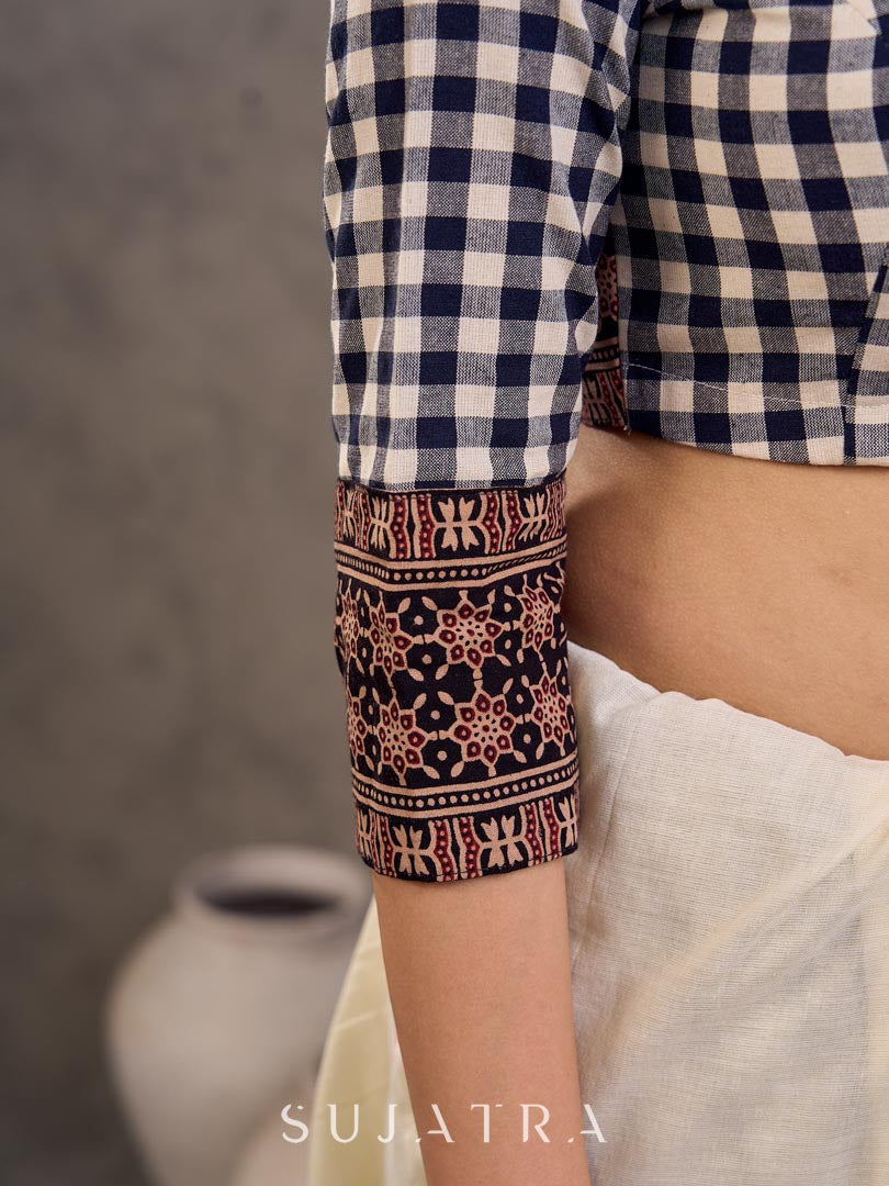 Black and White Checkered Cotton Blouse with 3/4th Sleeves and Ajrakh Print Cuff Border