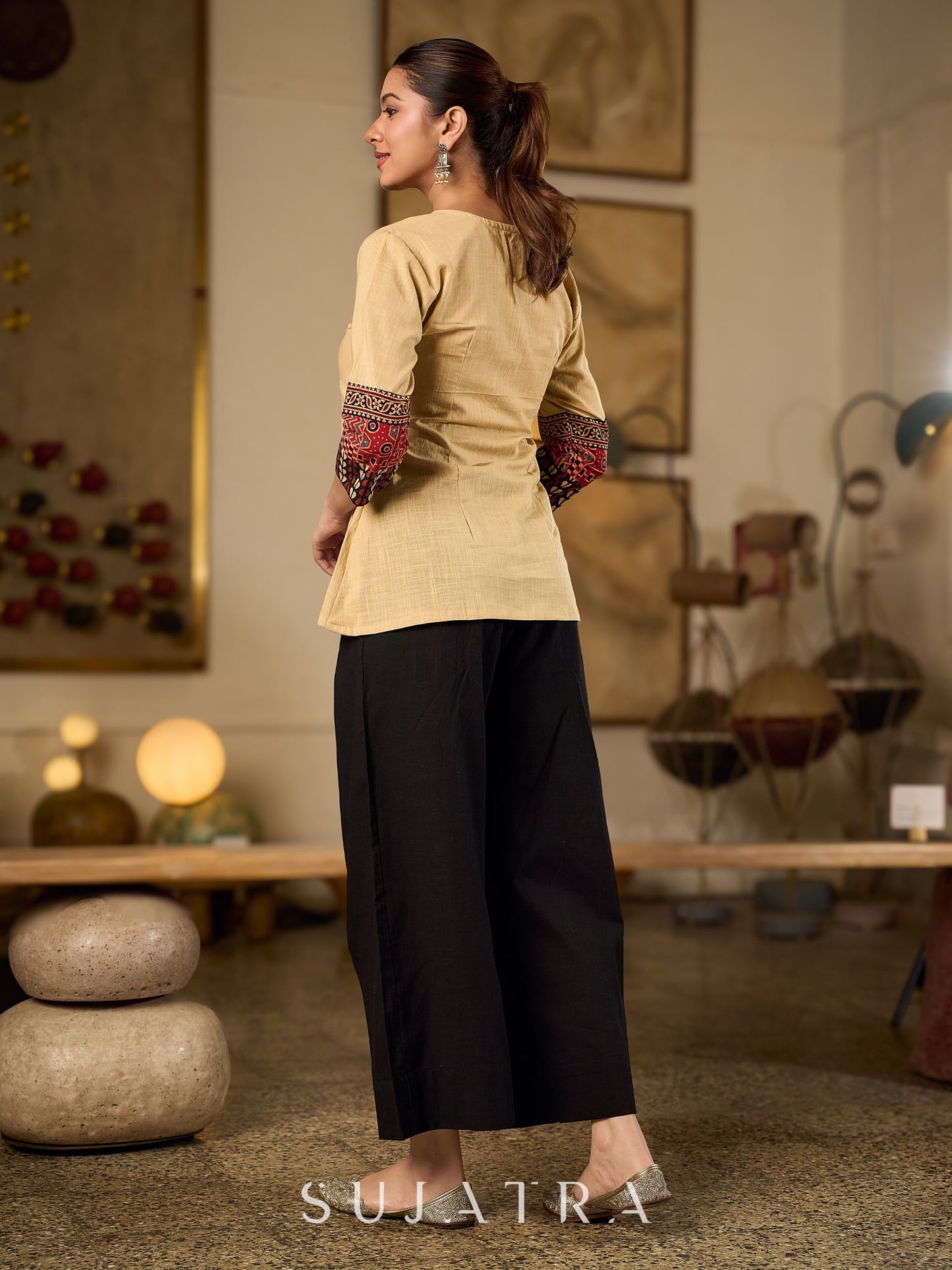 Chic Beige Cotton Top Enhanced With Ajrakh Print Sleeves And An Embellished Mirror Work Yoke