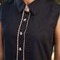 Black Cotton Sleeveless Shirt With Contrast Piping And Statement Buttons