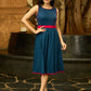 Moonlight Bloom Pintucked Navy Blue Flared Dress with Pink Pop