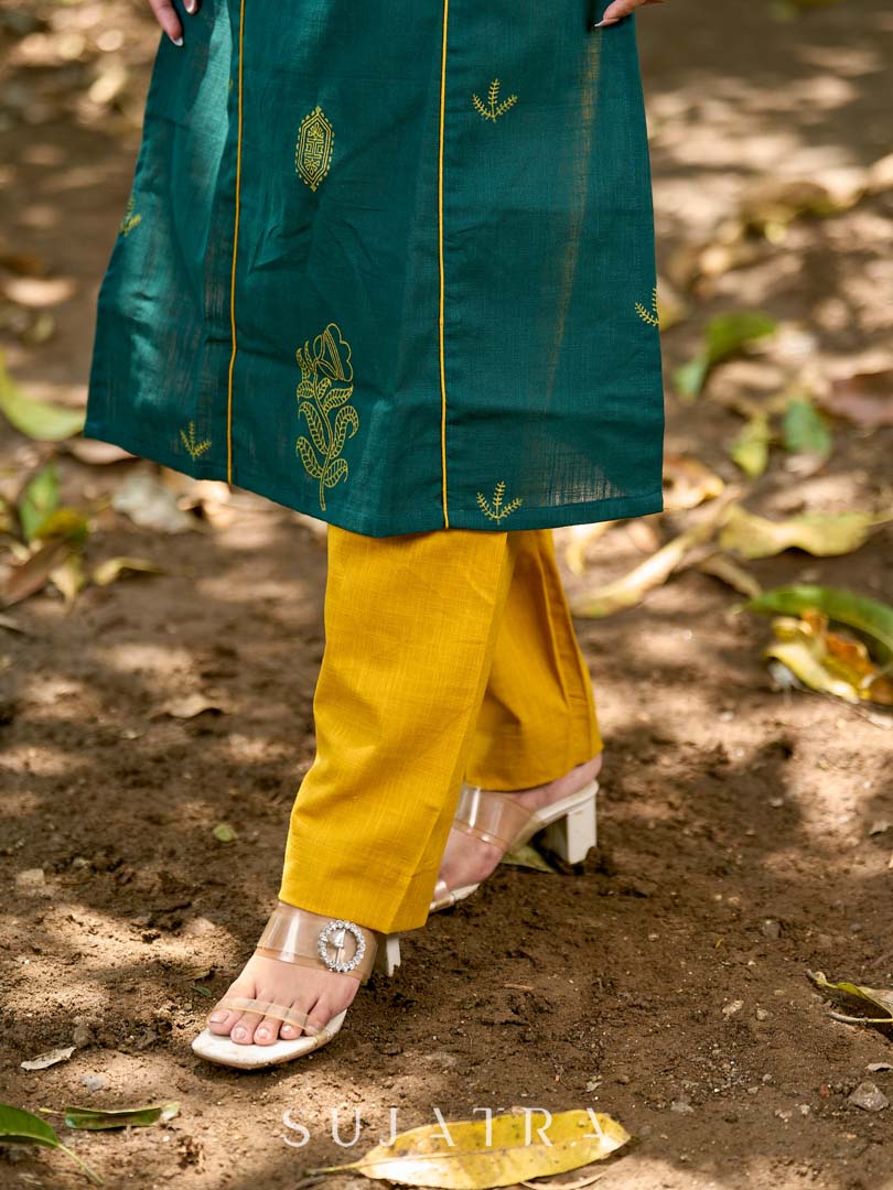 Elevated Bottle Green Cotton Kurta with Delicate Floral Hand Block Motif and Mustard Accents