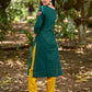 Elevated Bottle Green Cotton Kurta with Delicate Floral Hand Block Motif and Mustard Accents